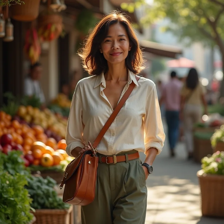 Mulher asiático-brasileira com bolsa tiracolo em feira livre.