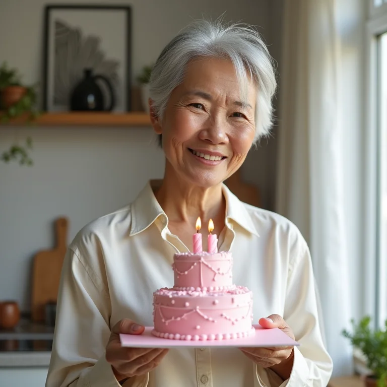 Mulher asiático-brasileira com cartão de bolo 3D