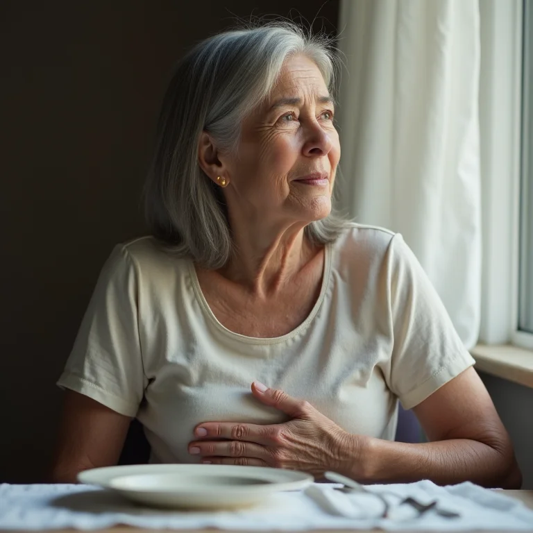 Mulher asiático-brasileira com expressão pensativa após comer.