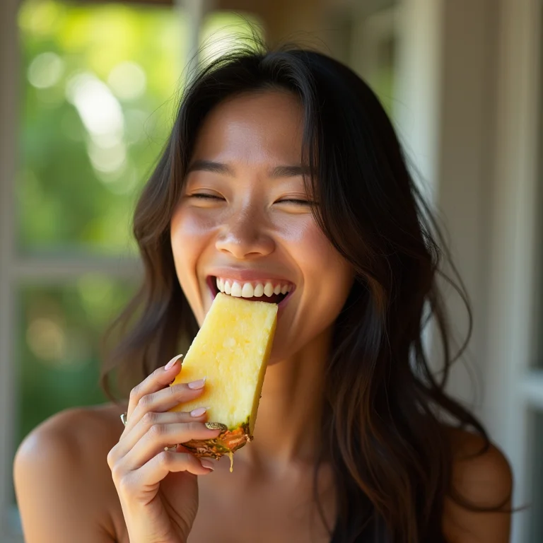 Mulher asiático-brasileira comendo abacaxi