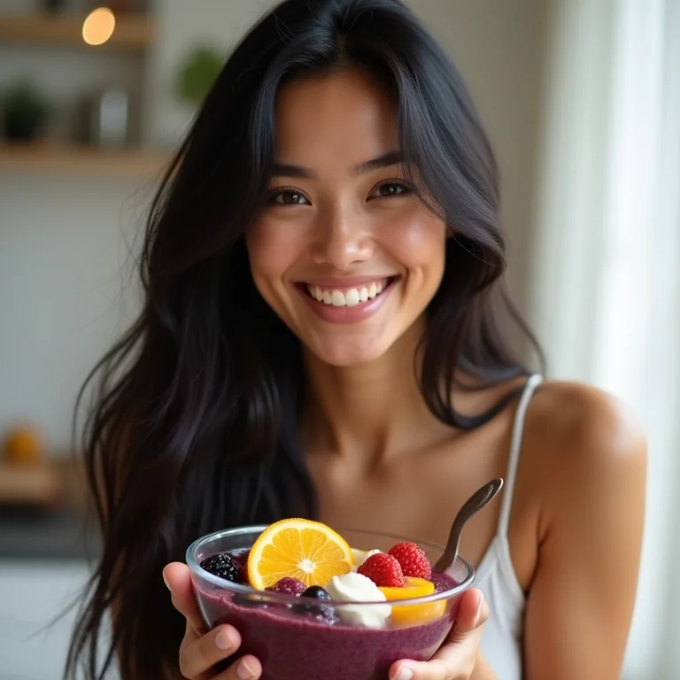 Mulher asiático-brasileira comendo açaí, fonte de Vitamina B2