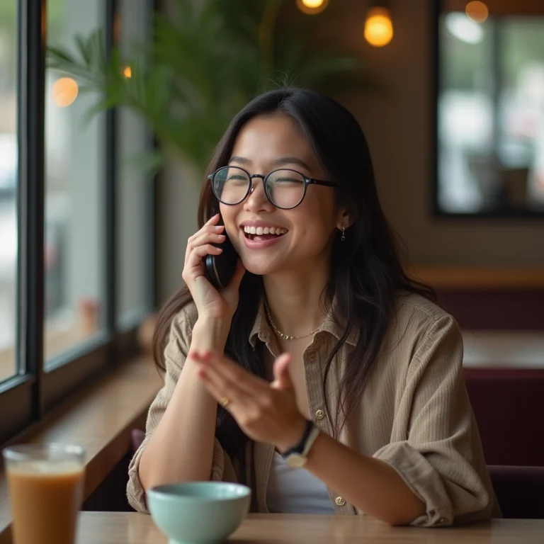 Mulher asiático-brasileira conversando ao telefone
