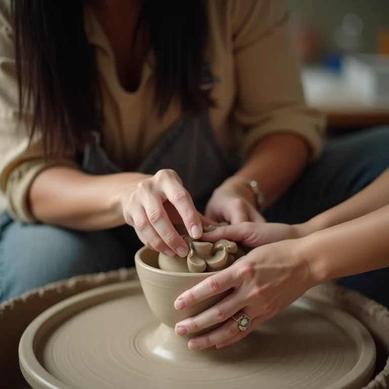 Mulher asiático-brasileira ensinando cerâmica