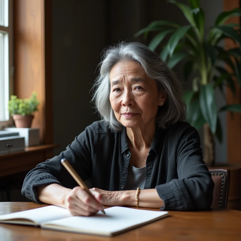 Mulher asiático-brasileira escrevendo em um caderno