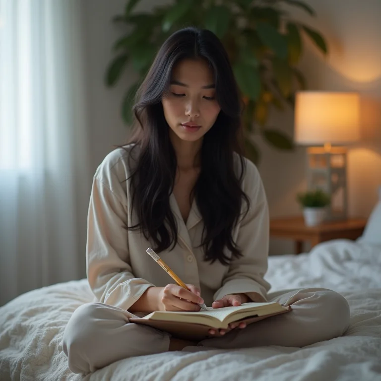 Mulher asiático-brasileira escrevendo em um diário sobre seus padrões de sono.