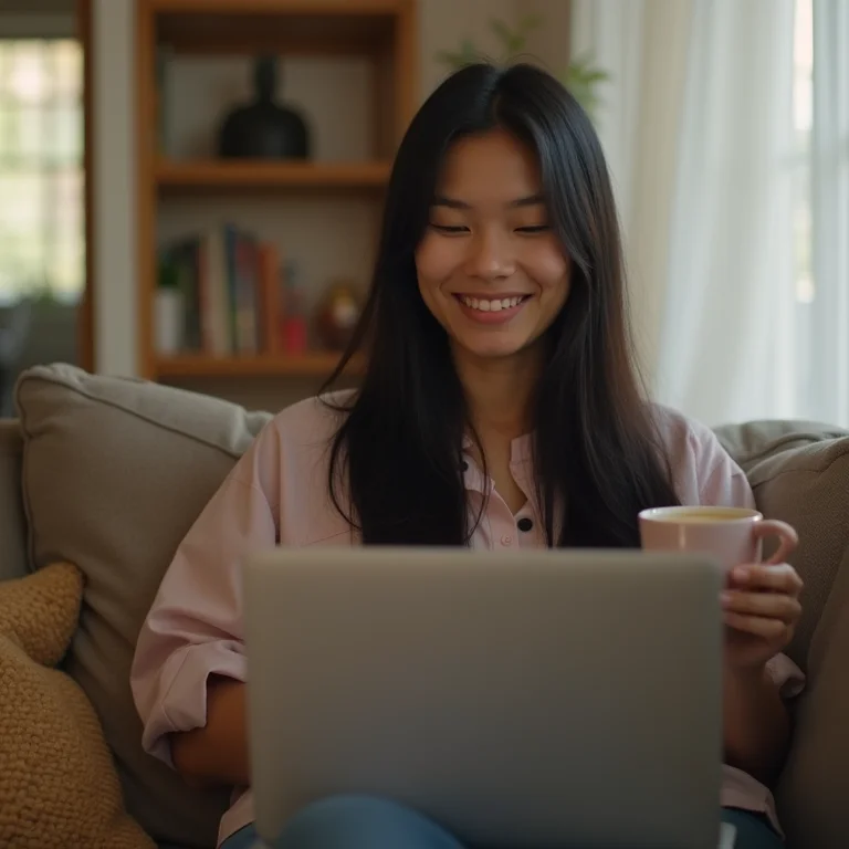 Mulher asiático-brasileira fazendo videochamada com amiga.
