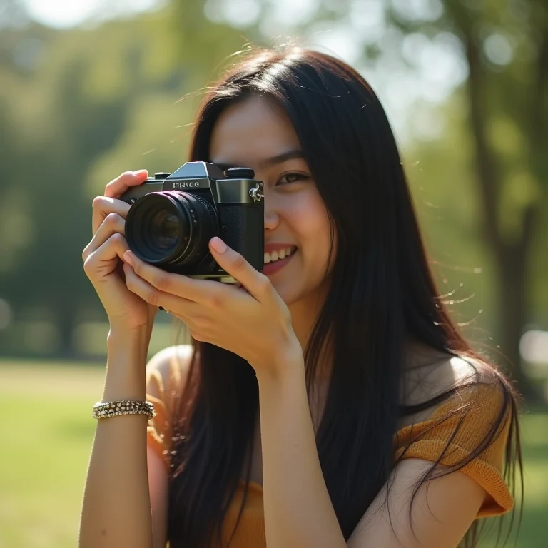 Mulher asiático-brasileira fotografando em um parque
