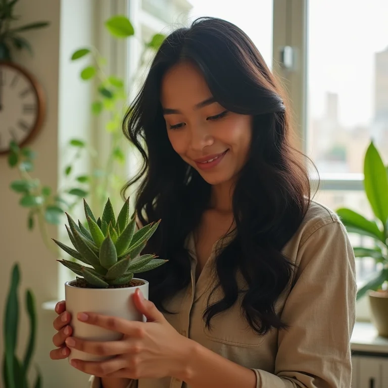 Mulher asiático-brasileira gira suculenta para garantir exposição solar uniforme