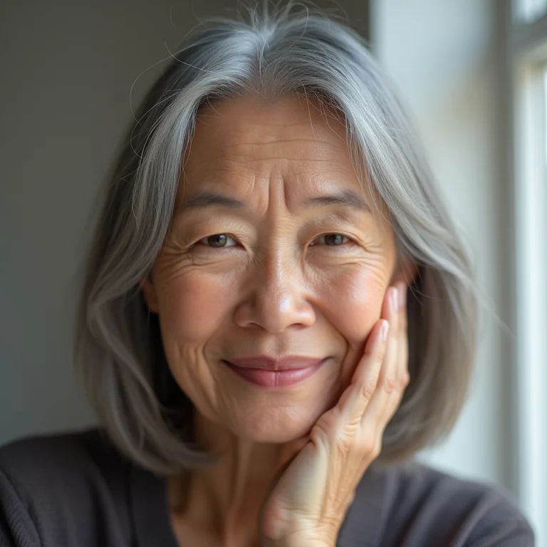 Mulher asiático-brasileira madura com pele macia após usar glicerina.