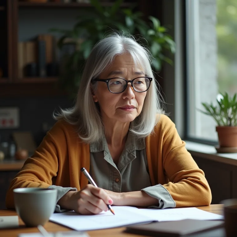 Mulher asiático-brasileira madura estudando com chá mate.