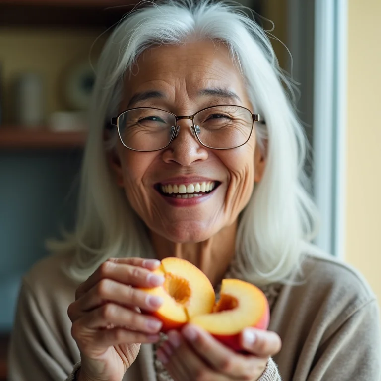 Mulher asiático-brasileira madura sorrindo enquanto segura um pêssego.