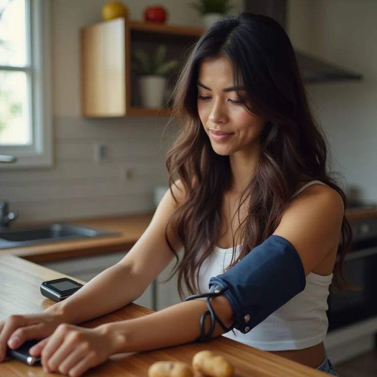 Mulher asiático-brasileira medindo a pressão arterial em casa
