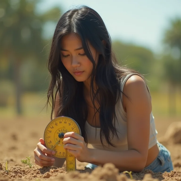Mulher asiático-brasileira medindo terreno com roda métrica