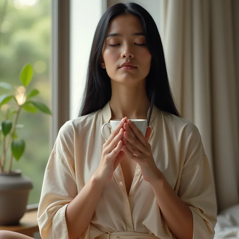 Mulher asiático-brasileira meditando com chá de alho.