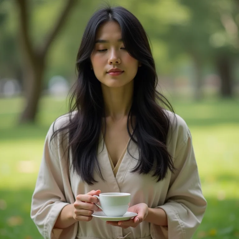 Mulher asiático-brasileira meditando com chá de ginseng.