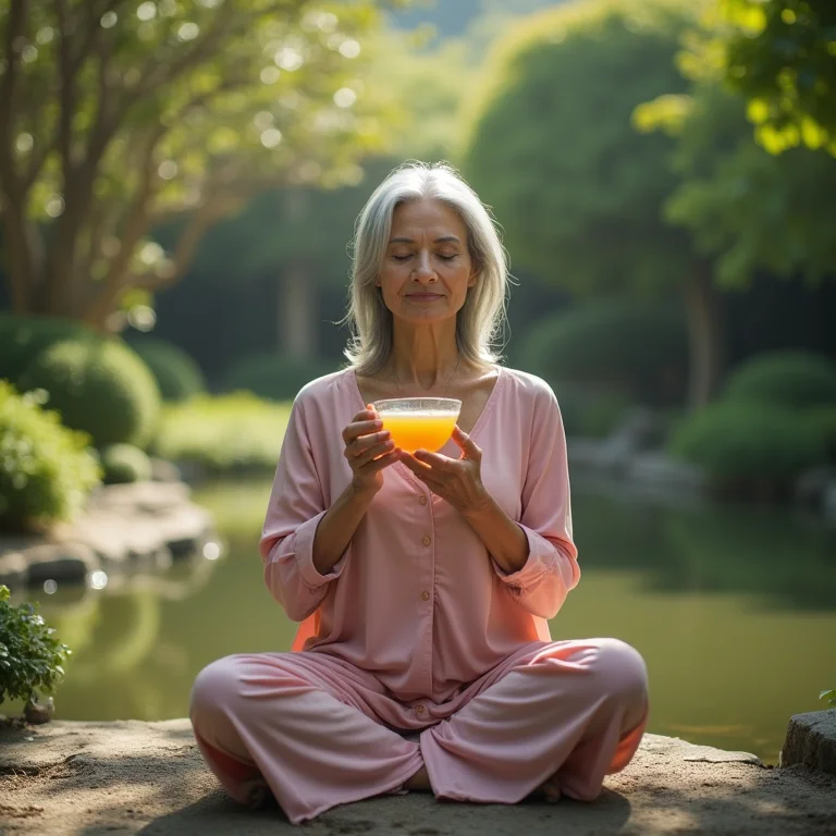 Mulher asiático-brasileira meditando com chá de jasmim e maracujá para ansiedade