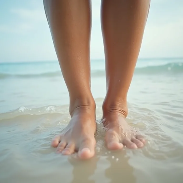 Mulher asiático-brasileira na terceira idade com os pés na água do mar.