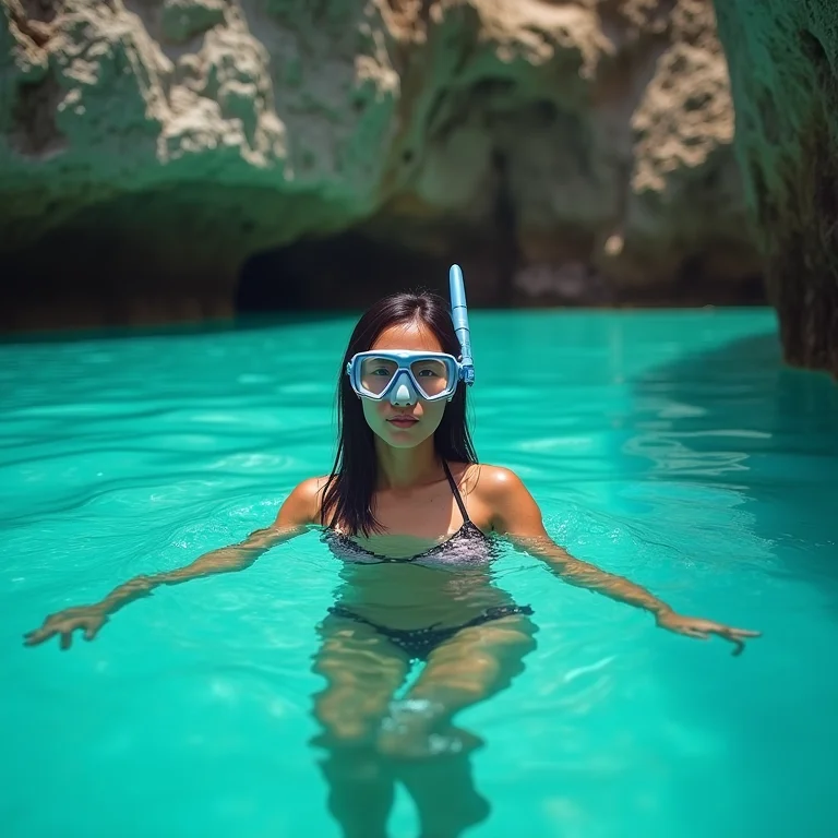 Mulher asiático-brasileira nadando em Bonito, MS