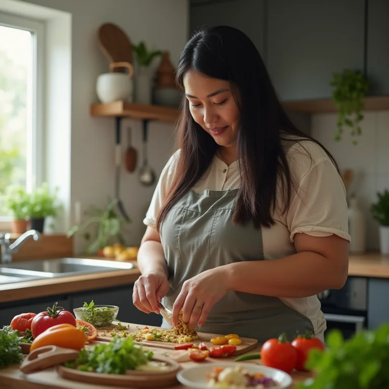 Mulher asiático-brasileira preparando almoço hiperproteico.