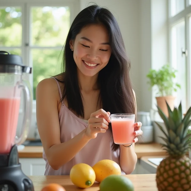 Mulher asiático-brasileira preparando suco de pitanga