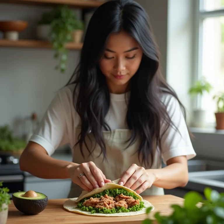 Mulher asiático-brasileira preparando um wrap de atum com abacate.