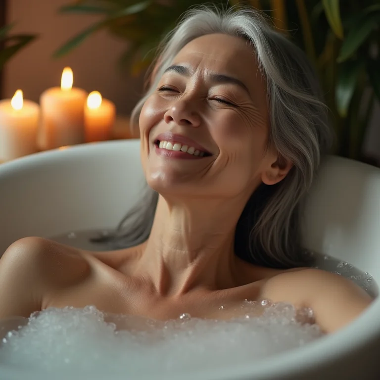 Mulher asiático-brasileira relaxando em banho à luz de velas