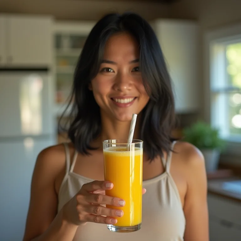 Mulher asiático-brasileira saboreando smoothie de manga com gengibre