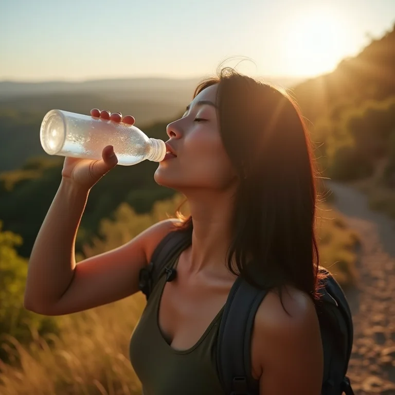 Mulher asiático-brasileira se hidratando durante trilha