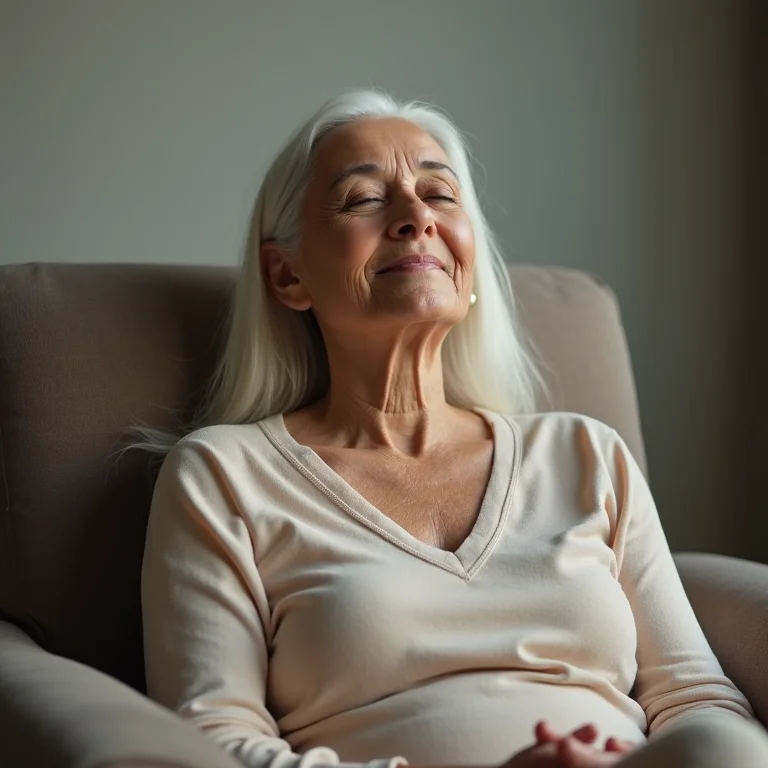 Mulher asiático-brasileira sênior meditando com visualização guiada