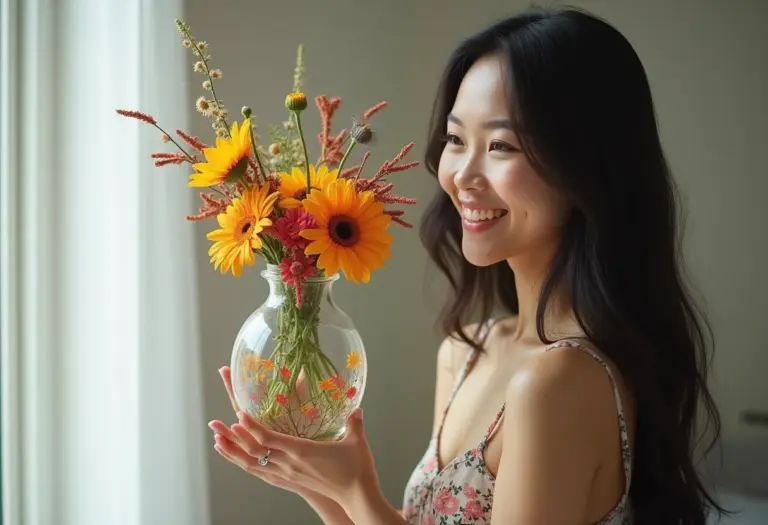Mulher asiático-brasileira sorrindo com vaso de vidro reciclado e flores.