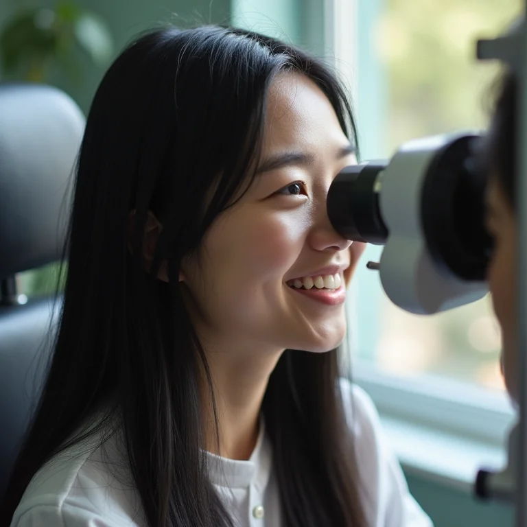 Mulher asiático-brasileira sorrindo durante exame médico para CNH