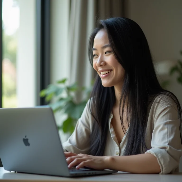 Mulher asiático-brasileira sorrindo enquanto usa a função CONT.SE no Excel