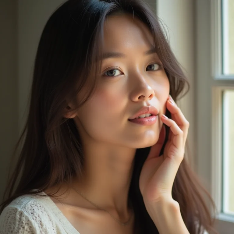 Mulher asiático-brasileira tocando o rosto com expressão serena