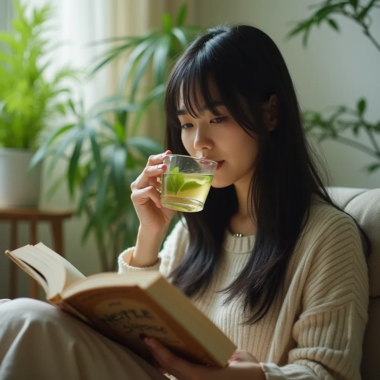Mulher asiático-brasileira tomando chá de urtiga para desintoxicação