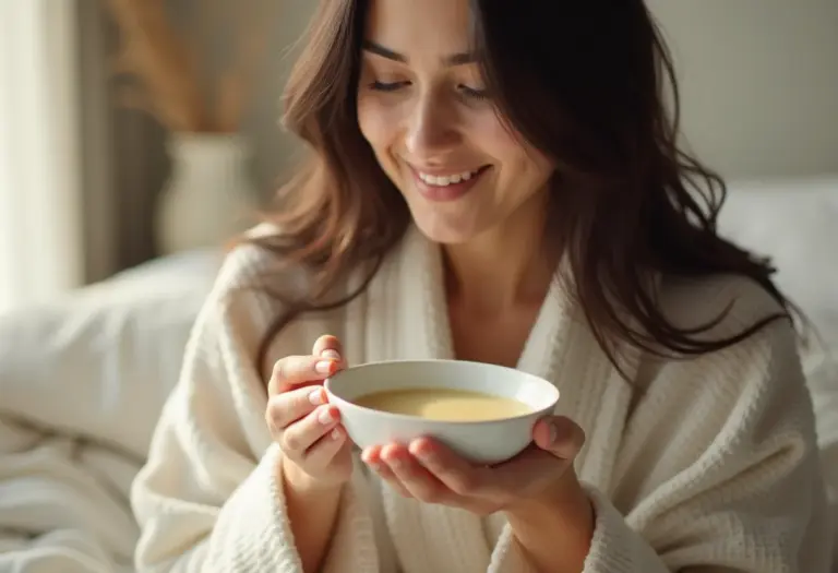 Mulher asiático-brasileira tomando sopa cremosa durante recuperação.