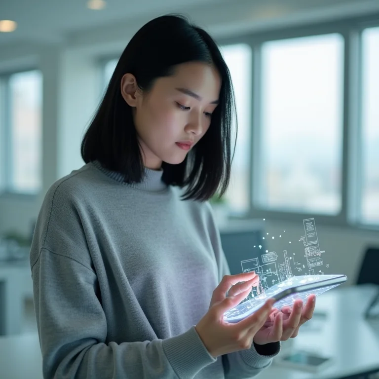 Mulher asiático-brasileira usando tablet com design de app moderno.