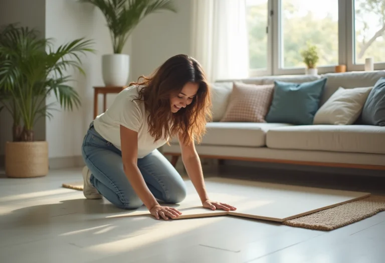 Mulher assentando piso cerâmico em sala de estar moderna