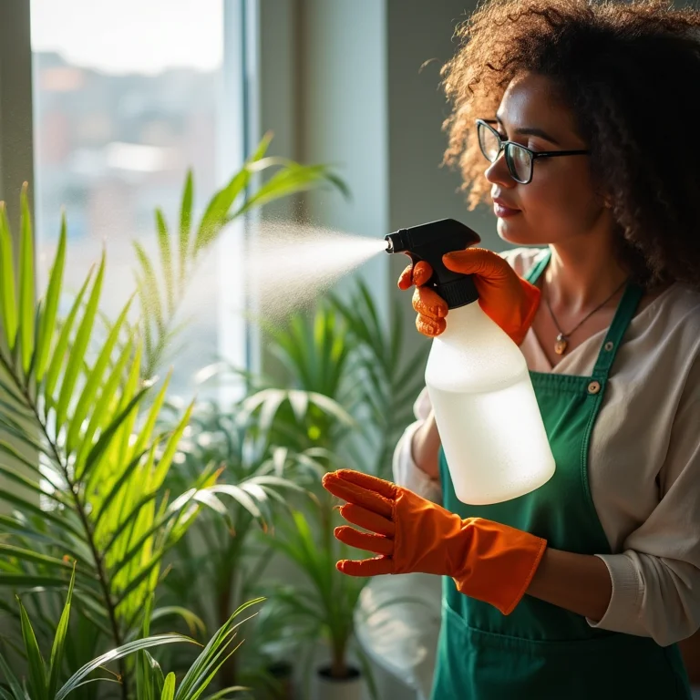Mulher borrifando água nas folhas da palmeira ráfia para aumentar a umidade
