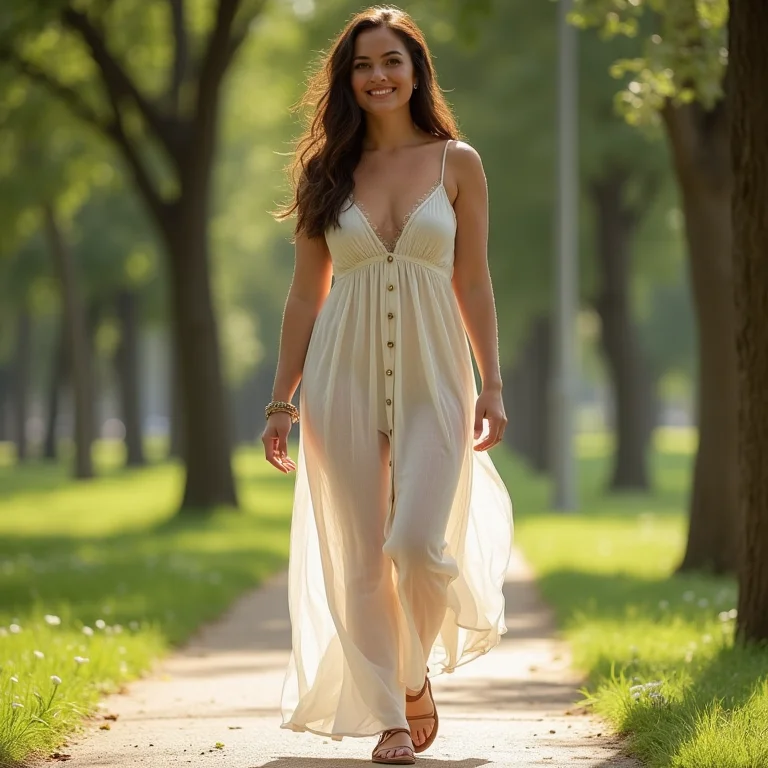 Mulher branca curvy usando vestido longo boho chic com sandálias em um parque