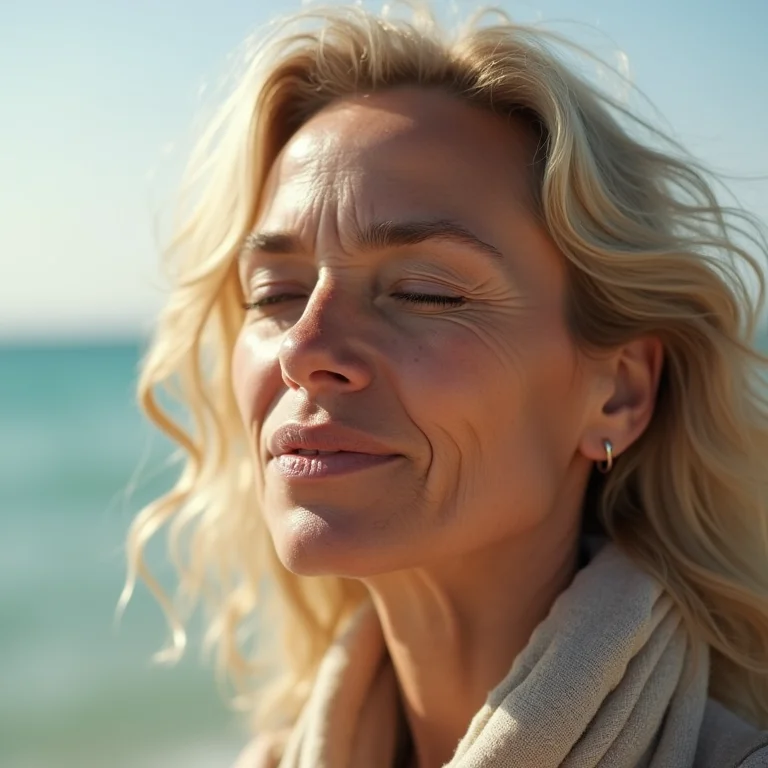 Mulher branca respirando a brisa do mar.