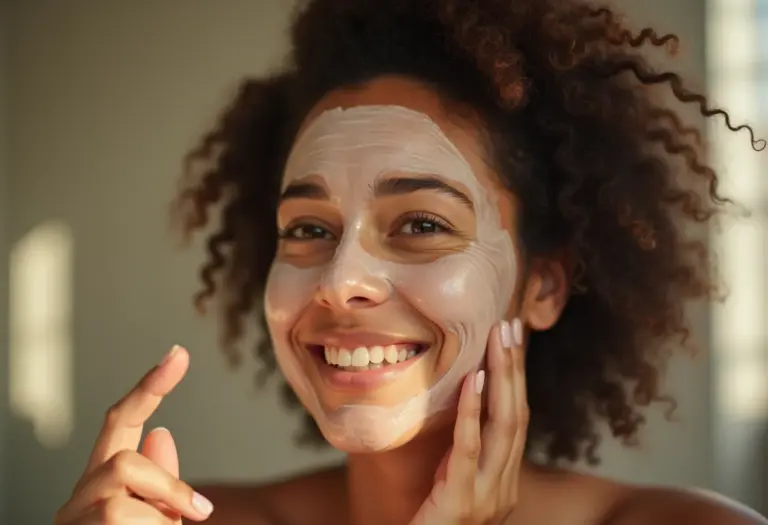 Mulher brasileira aplicando máscara facial caseira