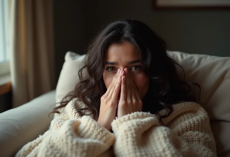 Mulher brasileira com resfriado se cuidando.