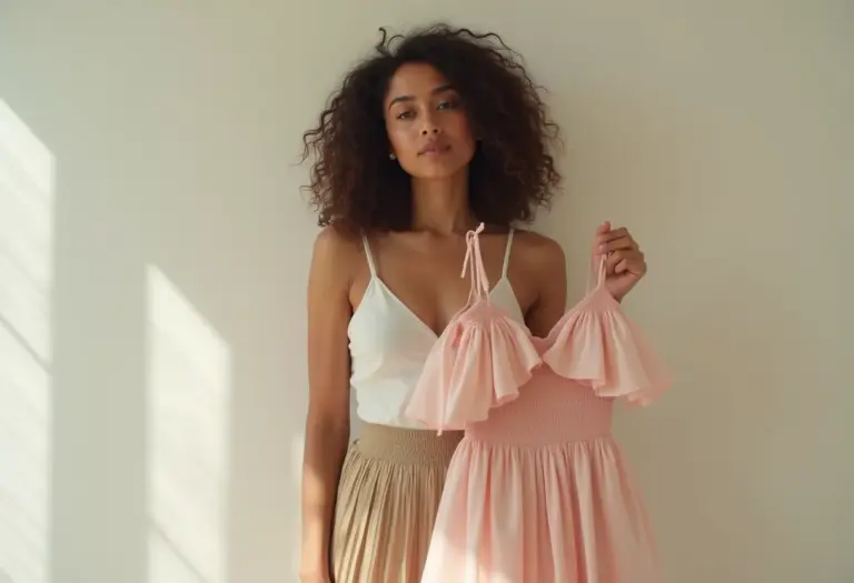 Mulher brasileira com saia plissada e vestido franzido