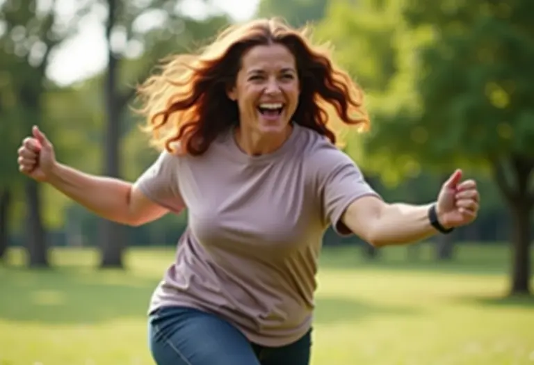 Mulher brasileira confiante alongando-se dinamicamente ao ar livre.