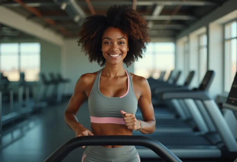 Mulher brasileira confiante correndo na esteira