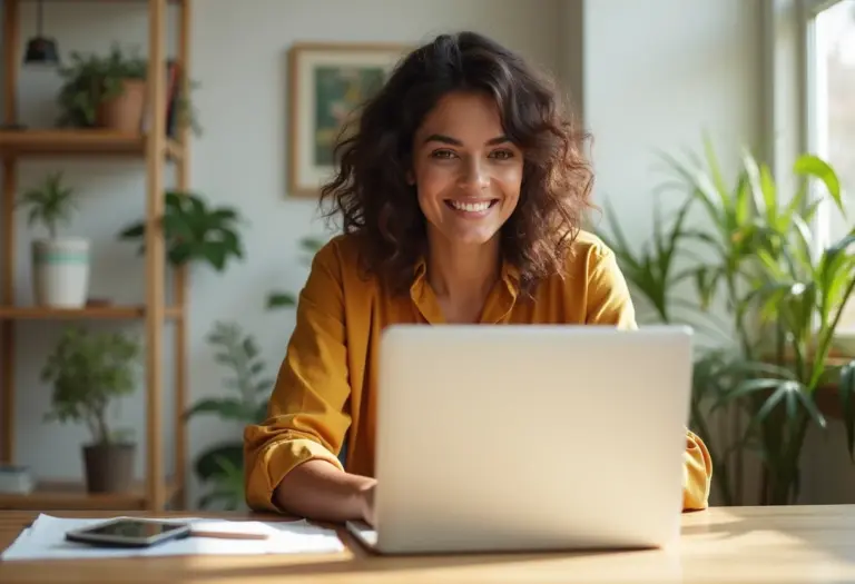 Mulher brasileira confiante trabalhando em blog de sucesso
