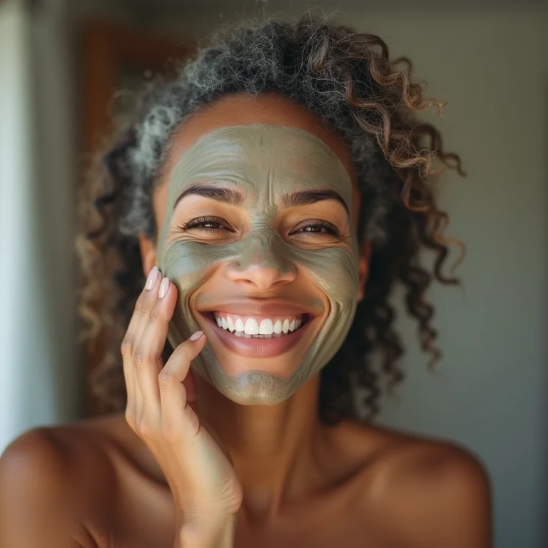 Mulher brasileira de meia-idade aplicando máscara facial com Vitamina B5