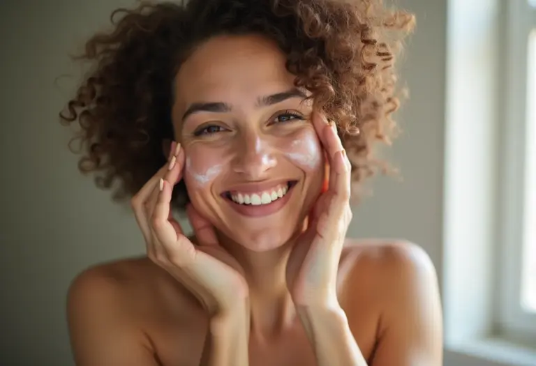 Mulher brasileira de pele parda aplicando sérum de glicerina no rosto.