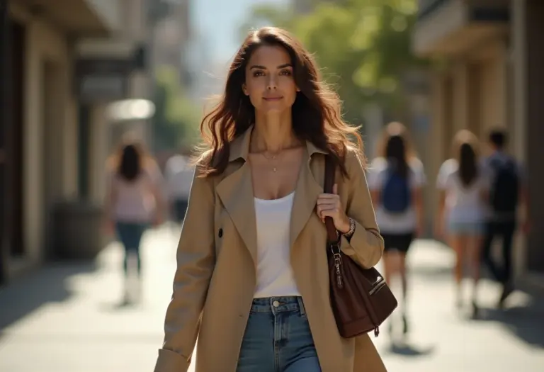 Mulher brasileira estilosa com diversas bolsas da moda em São Paulo.