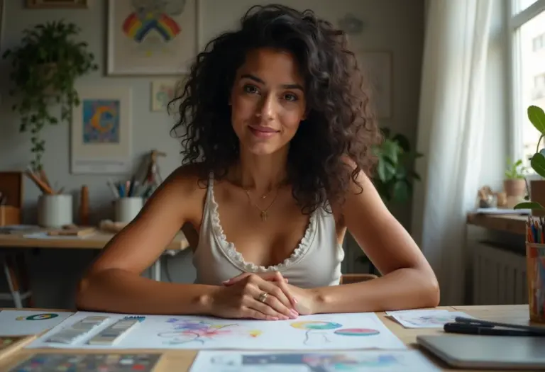 Mulher brasileira inspirada em sua mesa de trabalho criativa